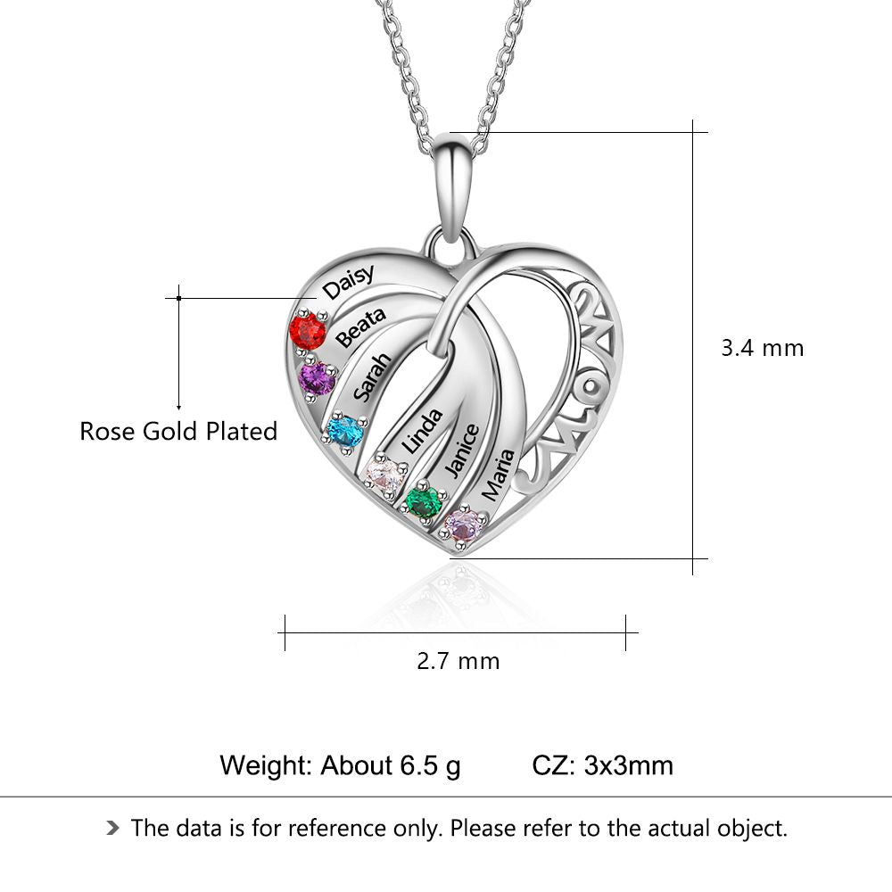 S925 Custom Names Six Colorful Birthstones Heart Shape Pendant Necklace