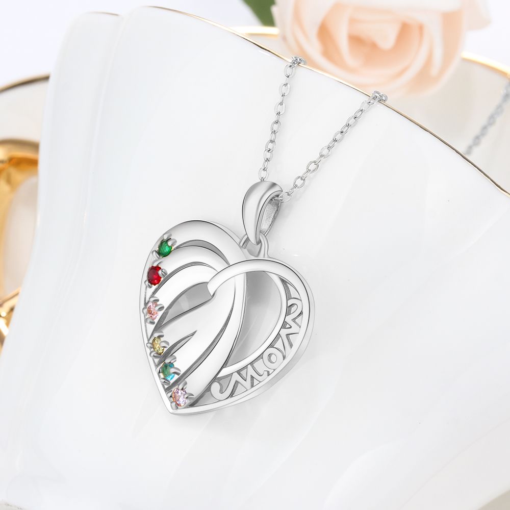 S925 Custom Names Six Colorful Birthstones Heart Shape Pendant Necklace