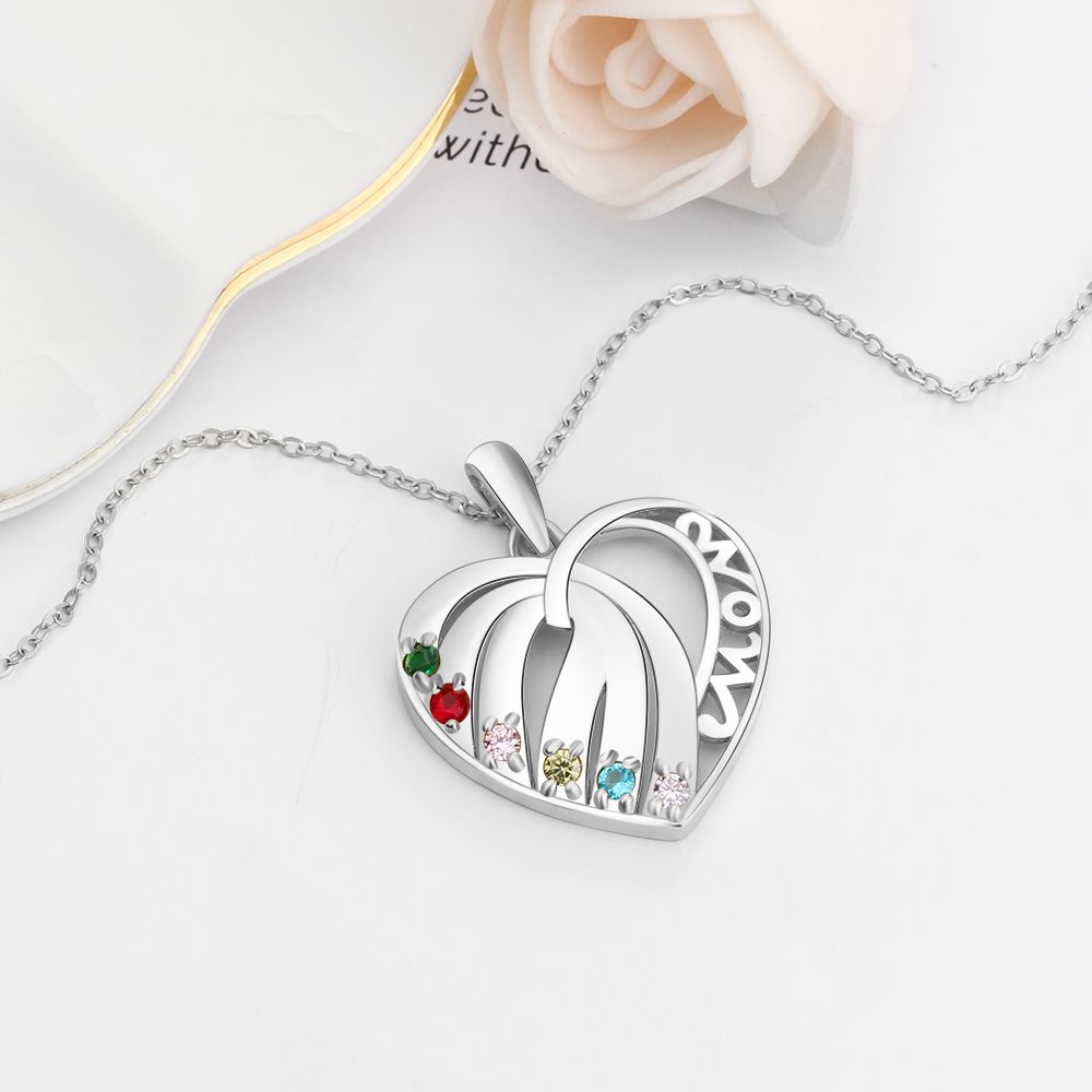 S925 Custom Names Six Colorful Birthstones Heart Shape Pendant Necklace