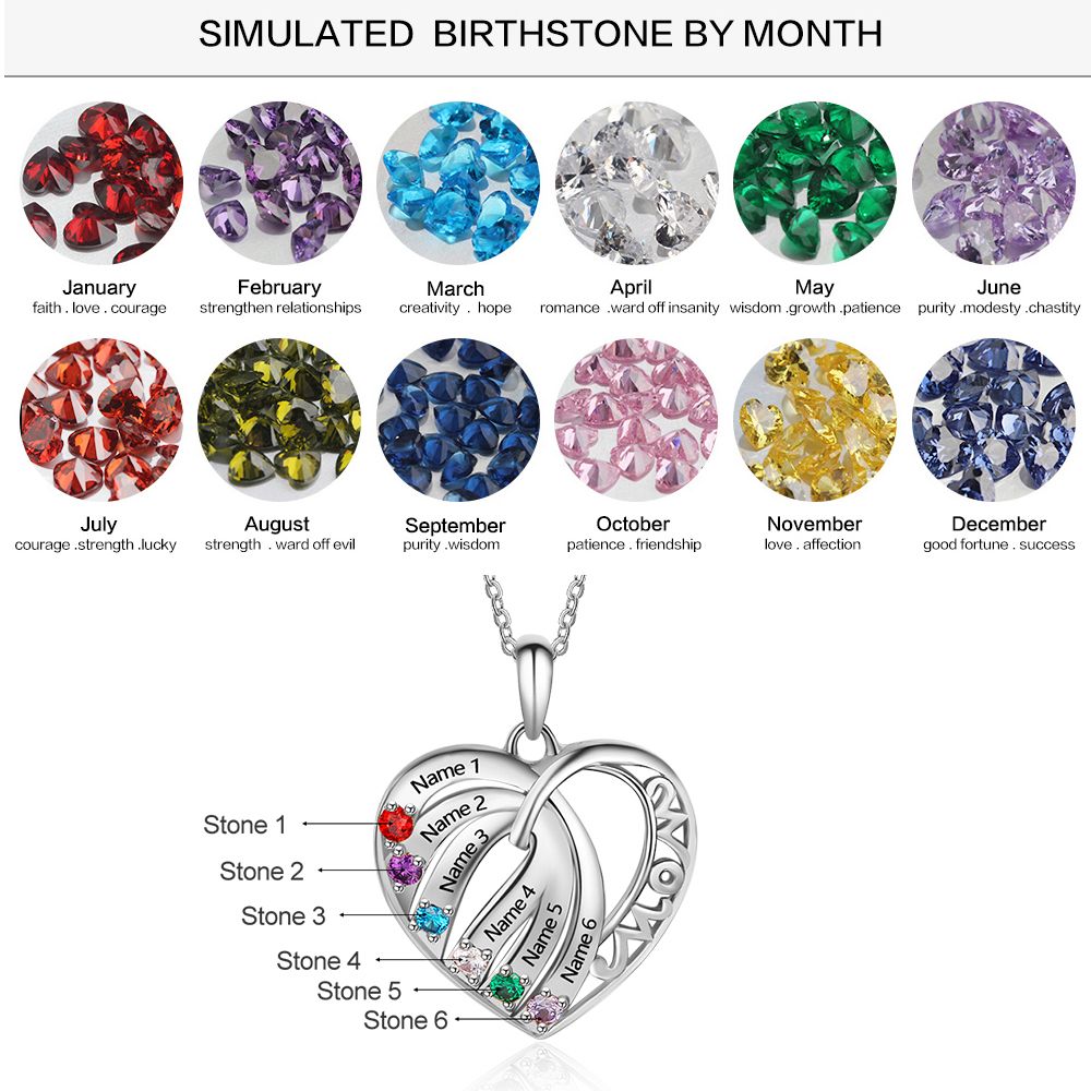 S925 Custom Names Six Colorful Birthstones Heart Shape Pendant Necklace