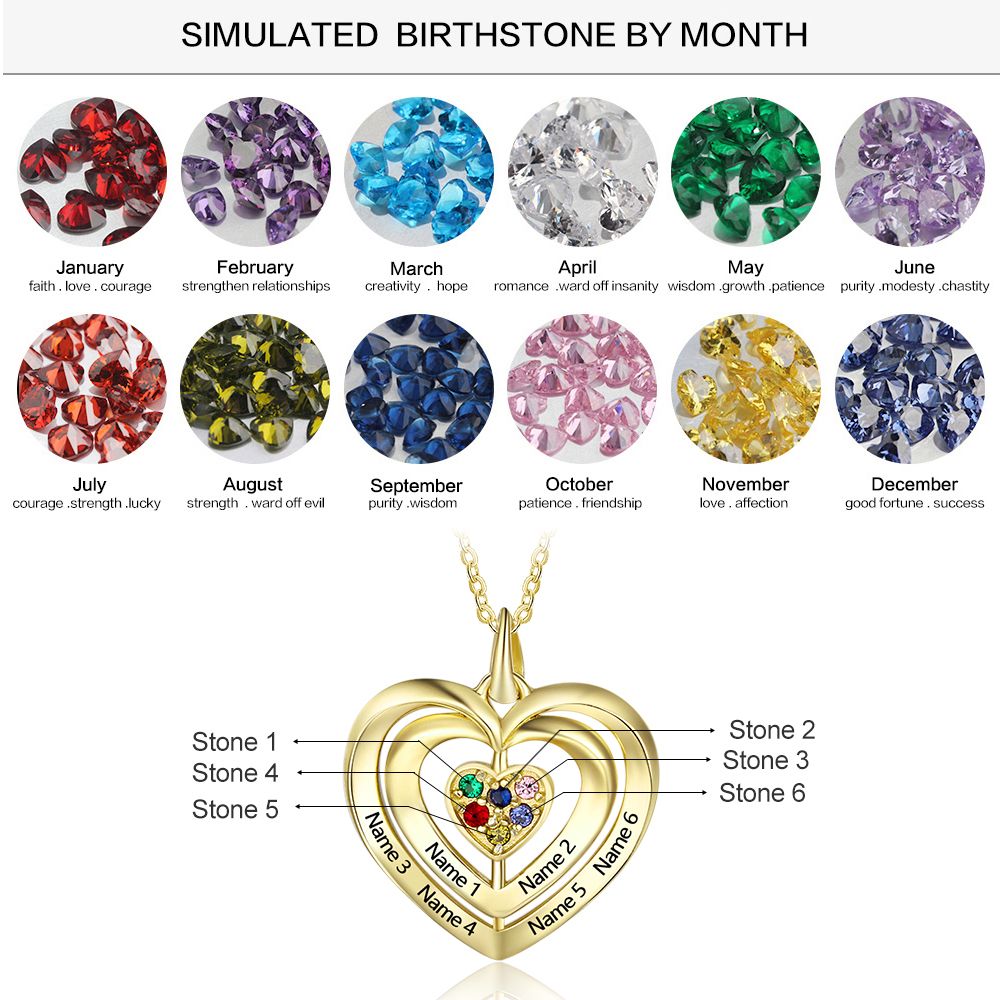 925 Sterling Silver Heart Shape Names Necklaces with Six Colorful Birthstones