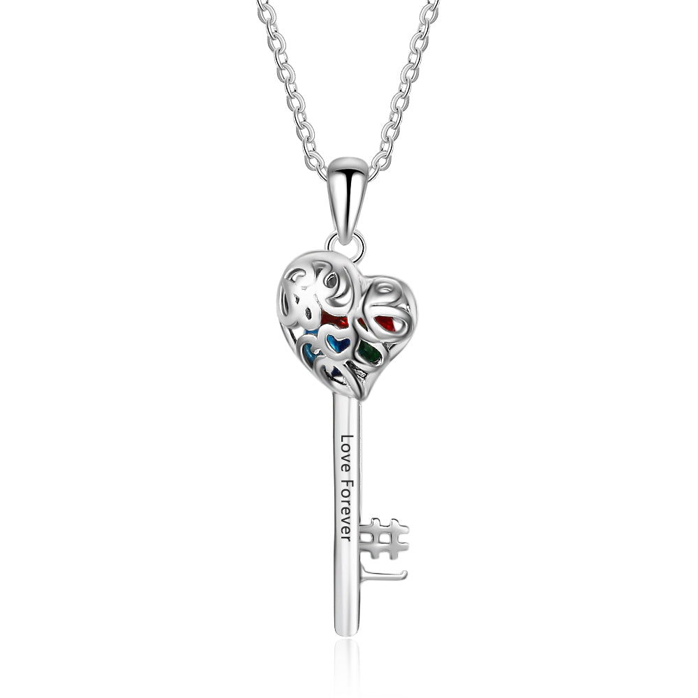 925 Silver Personalized Names Heart Key Pendant Necklace with Birthstones