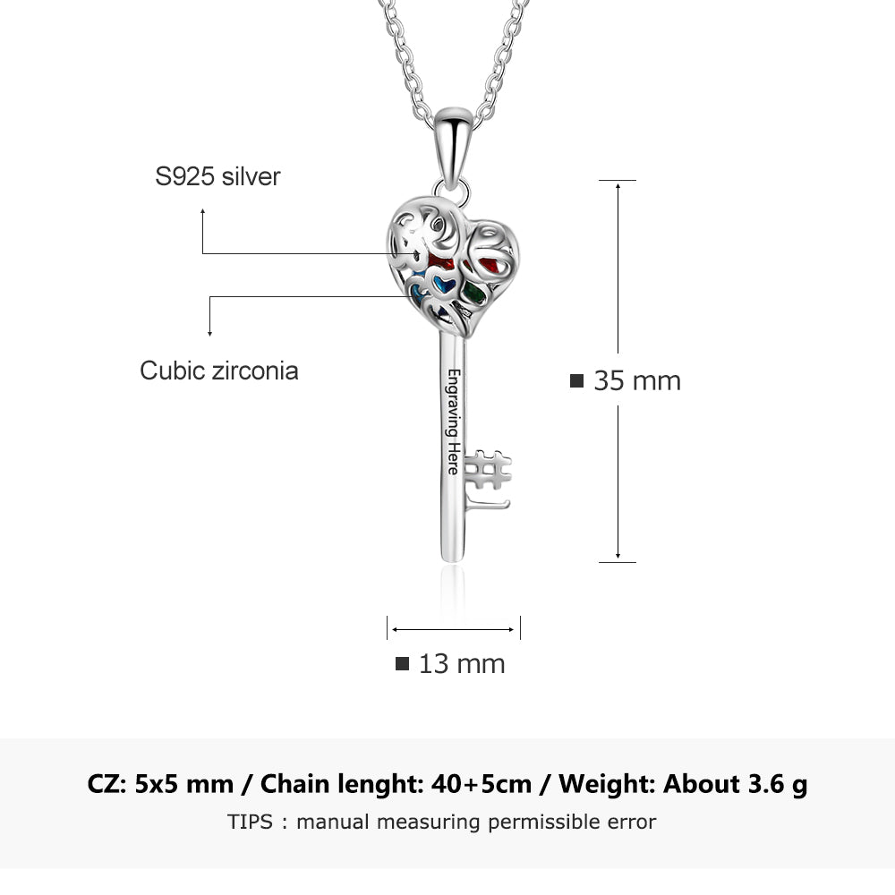 925 Silver Personalized Names Heart Key Pendant Necklace with Birthstones