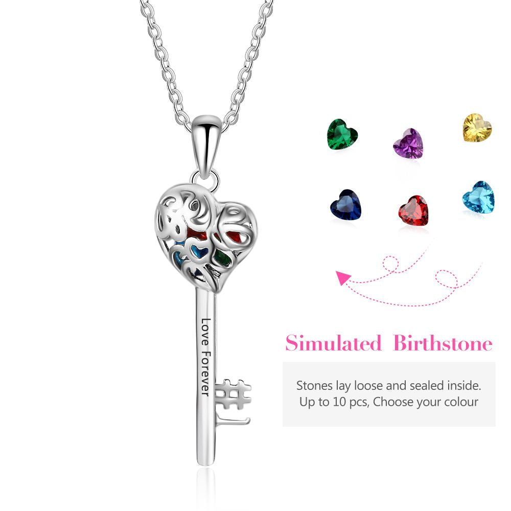 925 Silver Personalized Names Heart Key Pendant Necklace with Birthstones