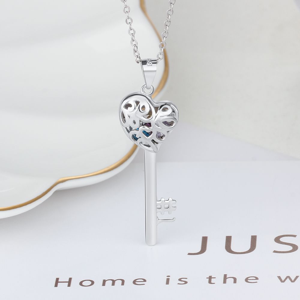 925 Silver Personalized Names Heart Key Pendant Necklace with Birthstones