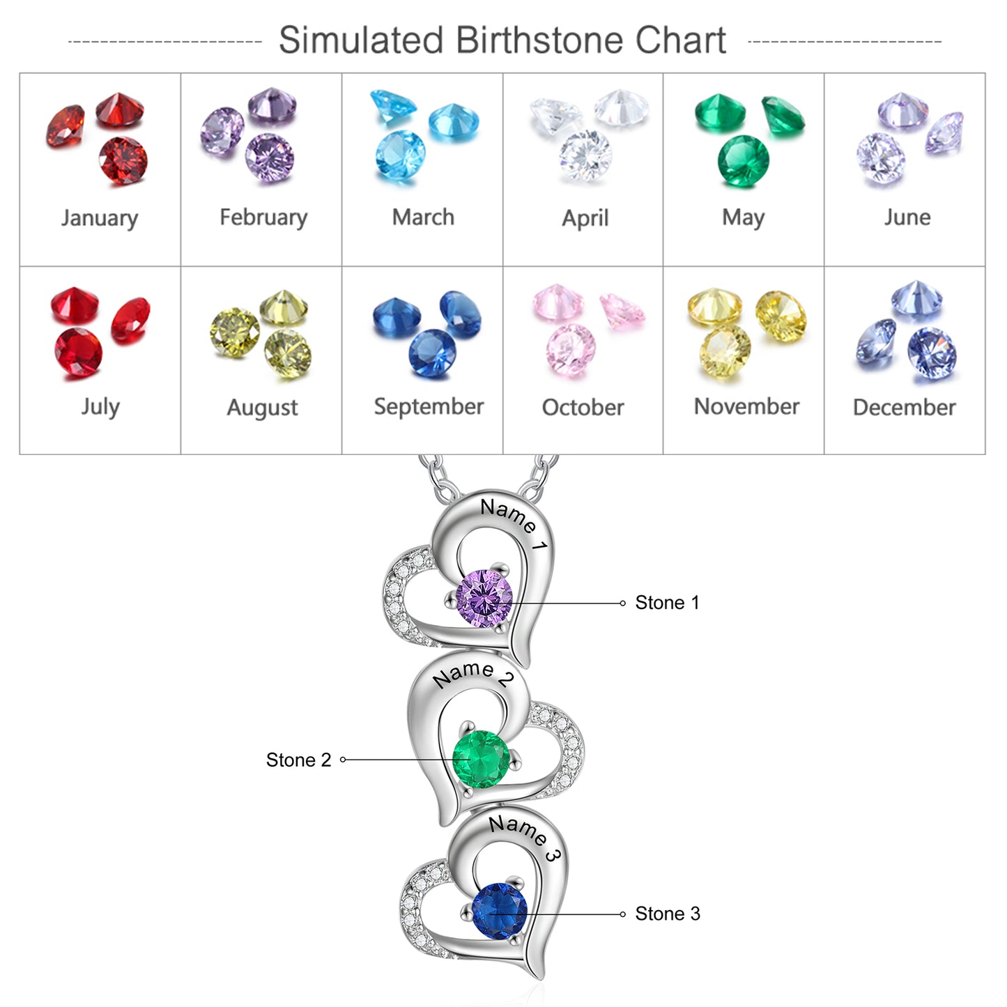 Hearts Pendant Necklace with Birthstones