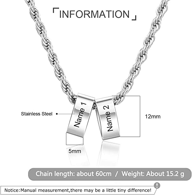 Custom Name Engraving Stainless Steel Charm Bead Necklace