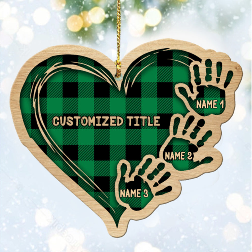 Personalized Checkered Heart Family Christmas Ornament with Engraved 1-11 Name