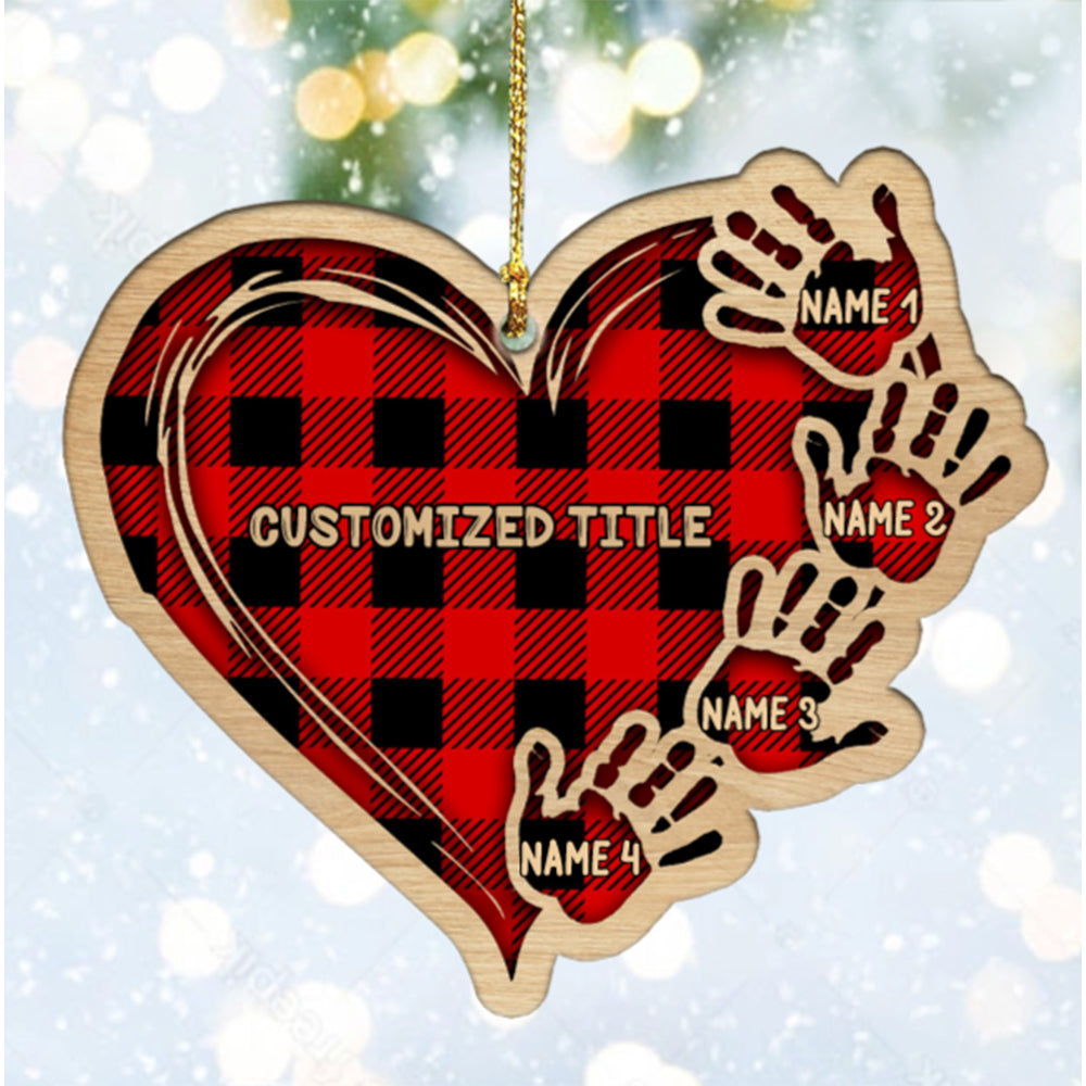 Personalized Checkered Heart Family Christmas Ornament with Engraved 1-11 Name