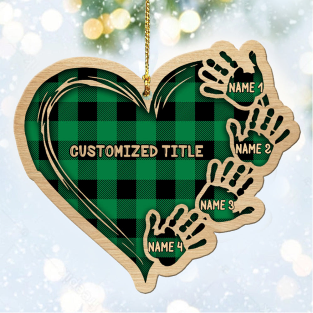 Personalized Checkered Heart Family Christmas Ornament with Engraved 1-11 Name