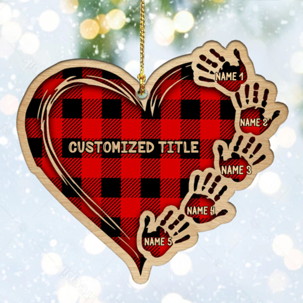 Personalized Checkered Heart Family Christmas Ornament with Engraved 1-11 Name