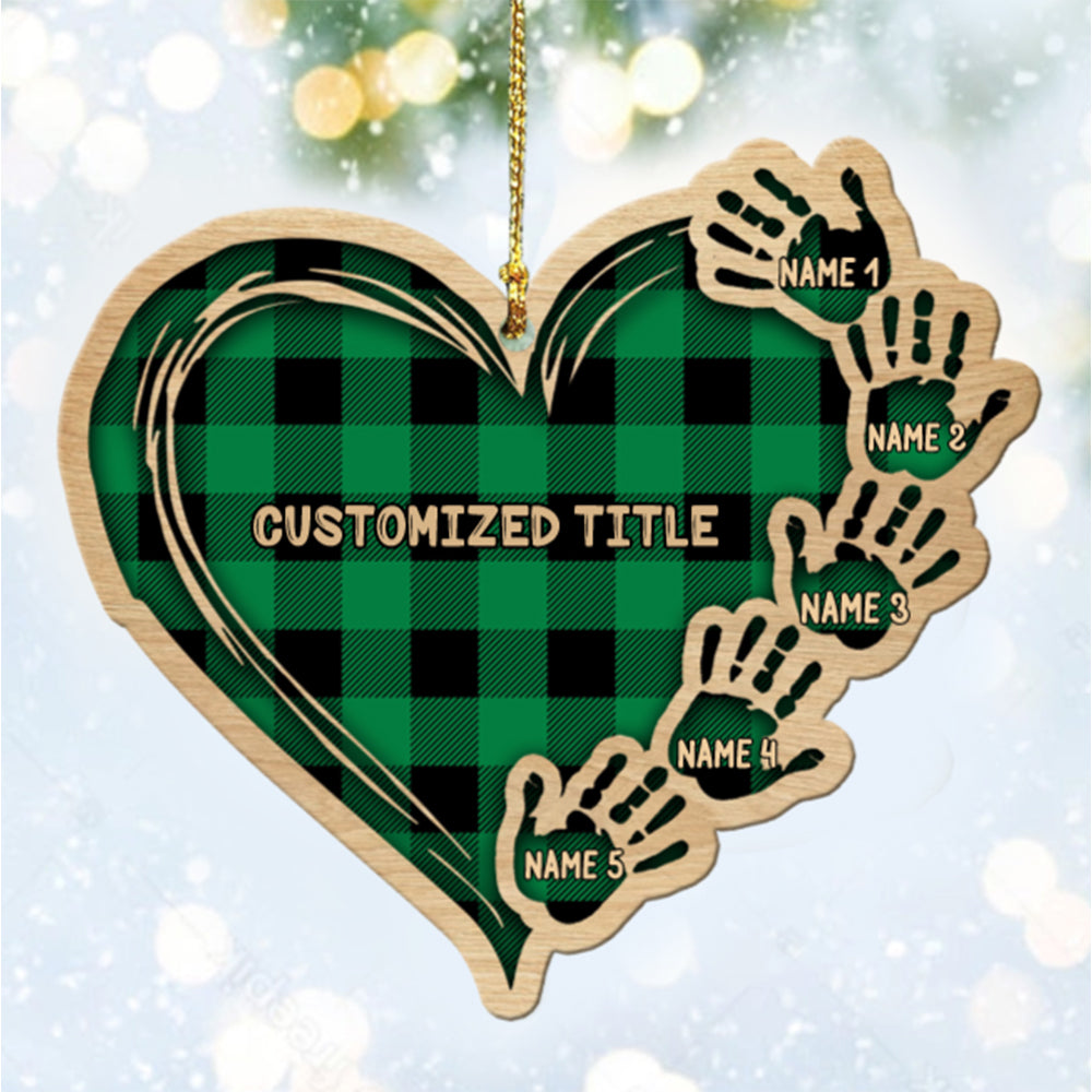 Personalized Checkered Heart Family Christmas Ornament with Engraved 1-11 Name