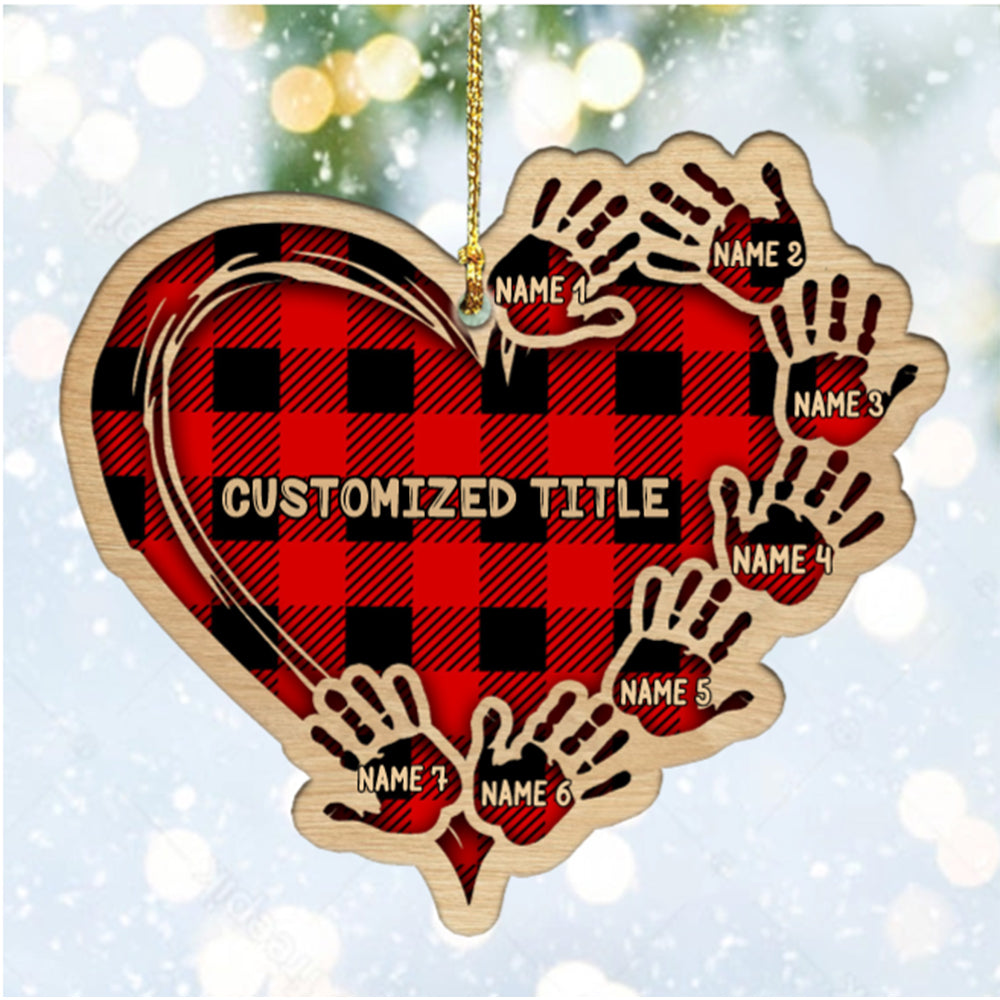 Personalized Checkered Heart Family Christmas Ornament with Engraved 1-11 Name