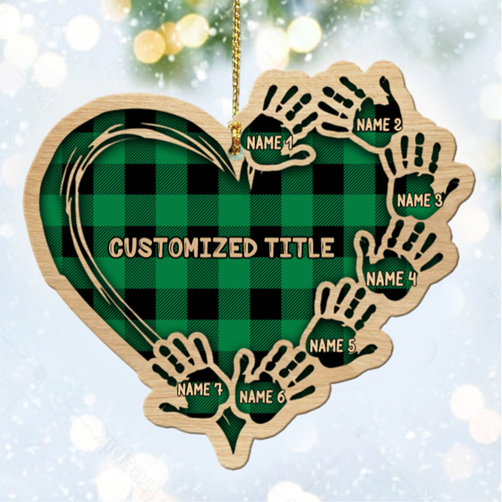 Personalized Checkered Heart Family Christmas Ornament with Engraved 1-11 Name