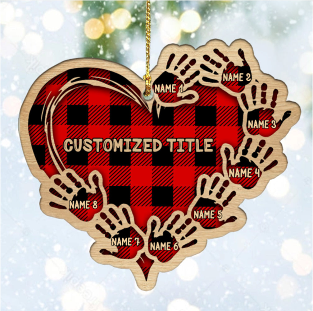 Personalized Checkered Heart Family Christmas Ornament with Engraved 1-11 Name