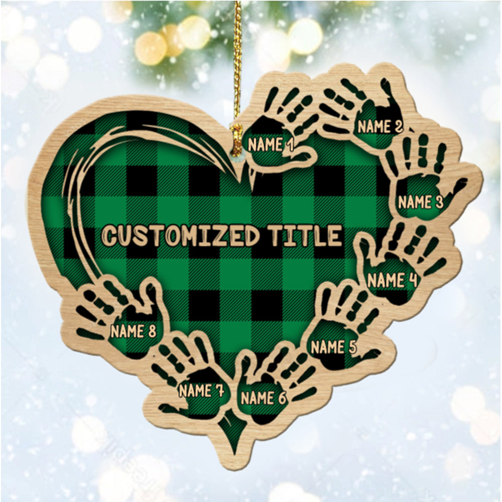 Personalized Checkered Heart Family Christmas Ornament with Engraved 1-11 Name