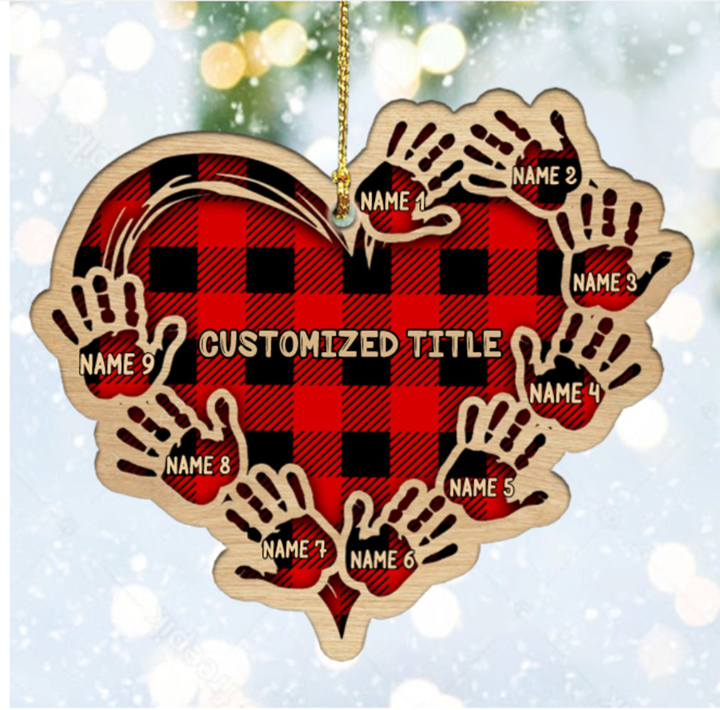 Personalized Checkered Heart Family Christmas Ornament with Engraved 1-11 Name