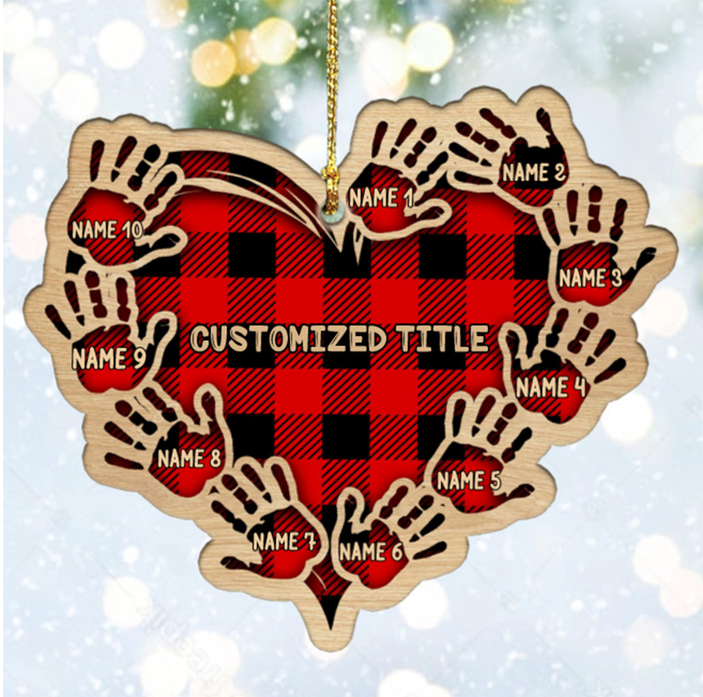 Personalized Checkered Heart Family Christmas Ornament with Engraved 1-11 Name