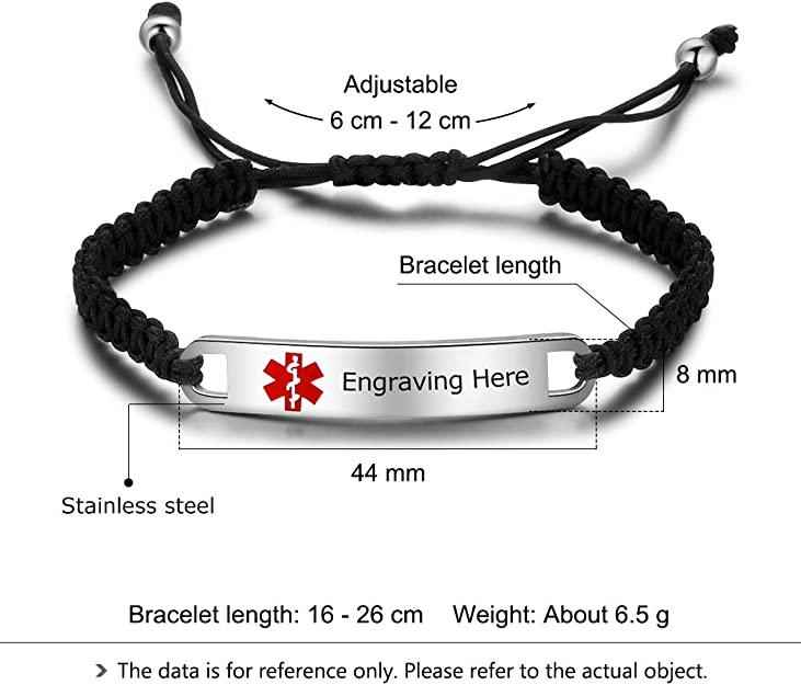 Engraved Stainless Steel Black Rope Medical Bracelet