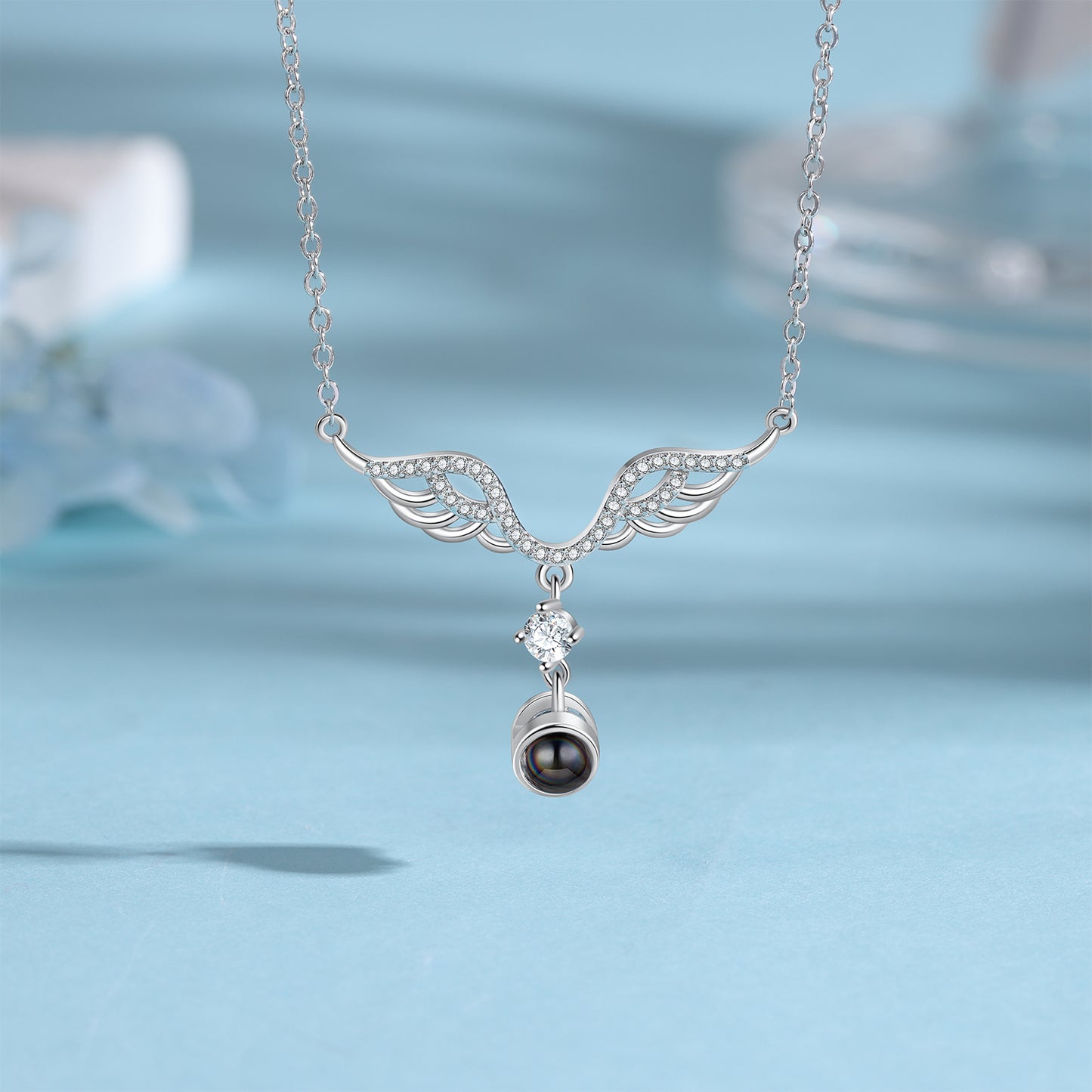 Custom Photo Projection Necklace with Angel Wing