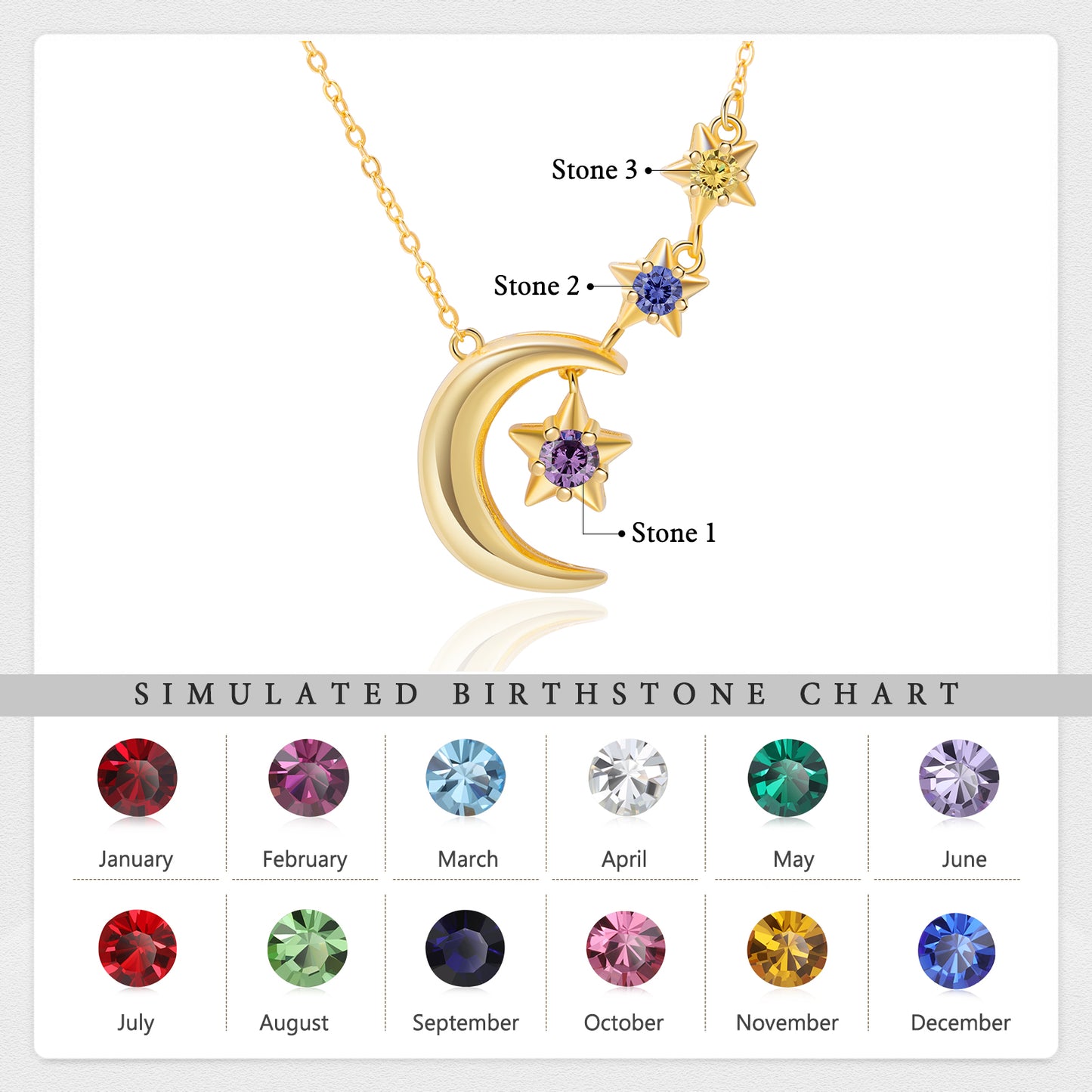 Custom Birthstone Moon and Star Necklace