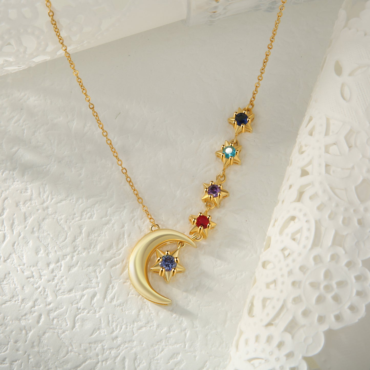 Custom Birthstone Moon and Star Necklace