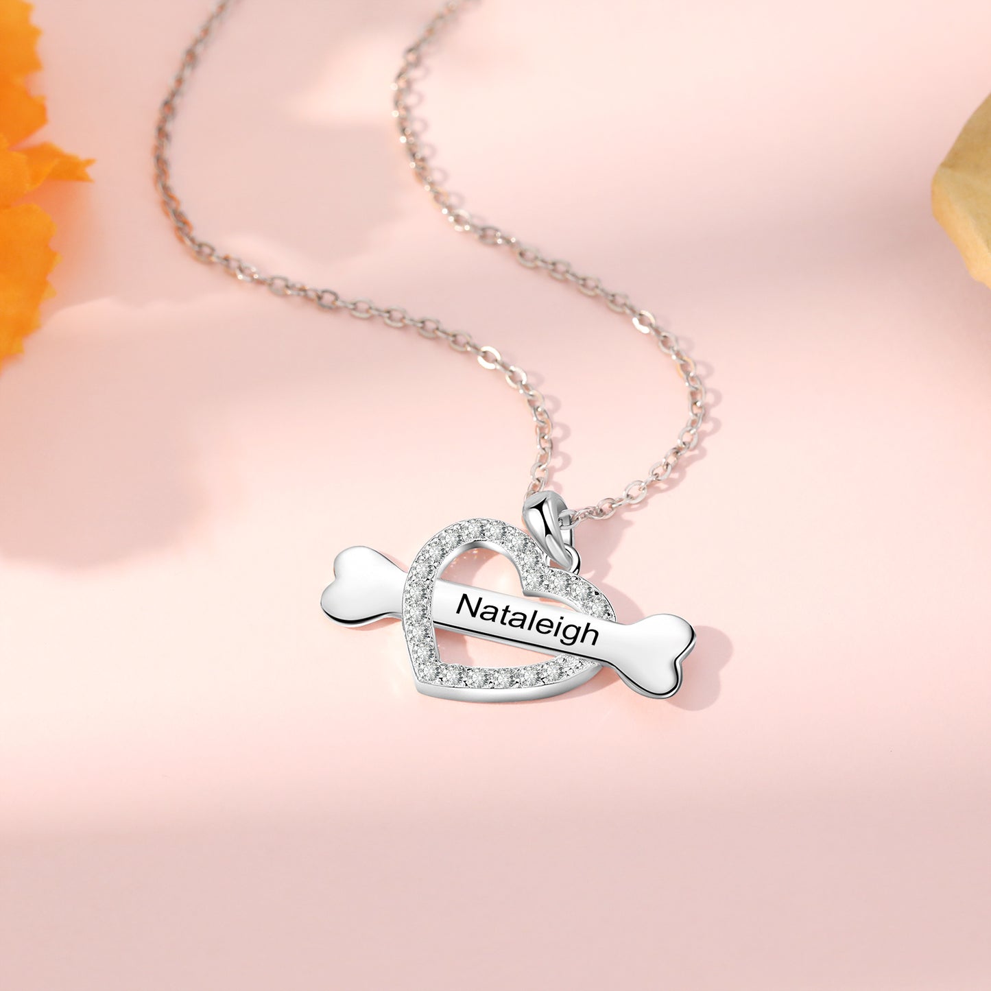 Custom Name Heart With Bone Necklace