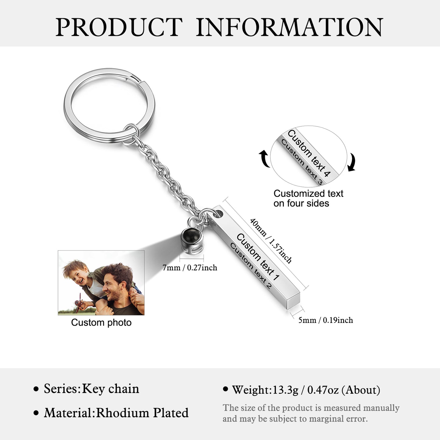 Custom Photo Projection Keychain with Vertical Bar