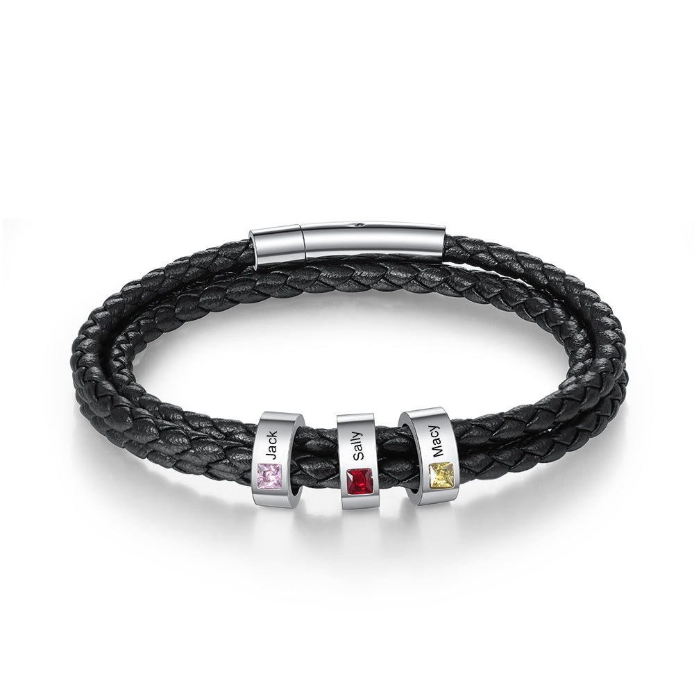 Custom Stainless Steel Black Leather Bracelet