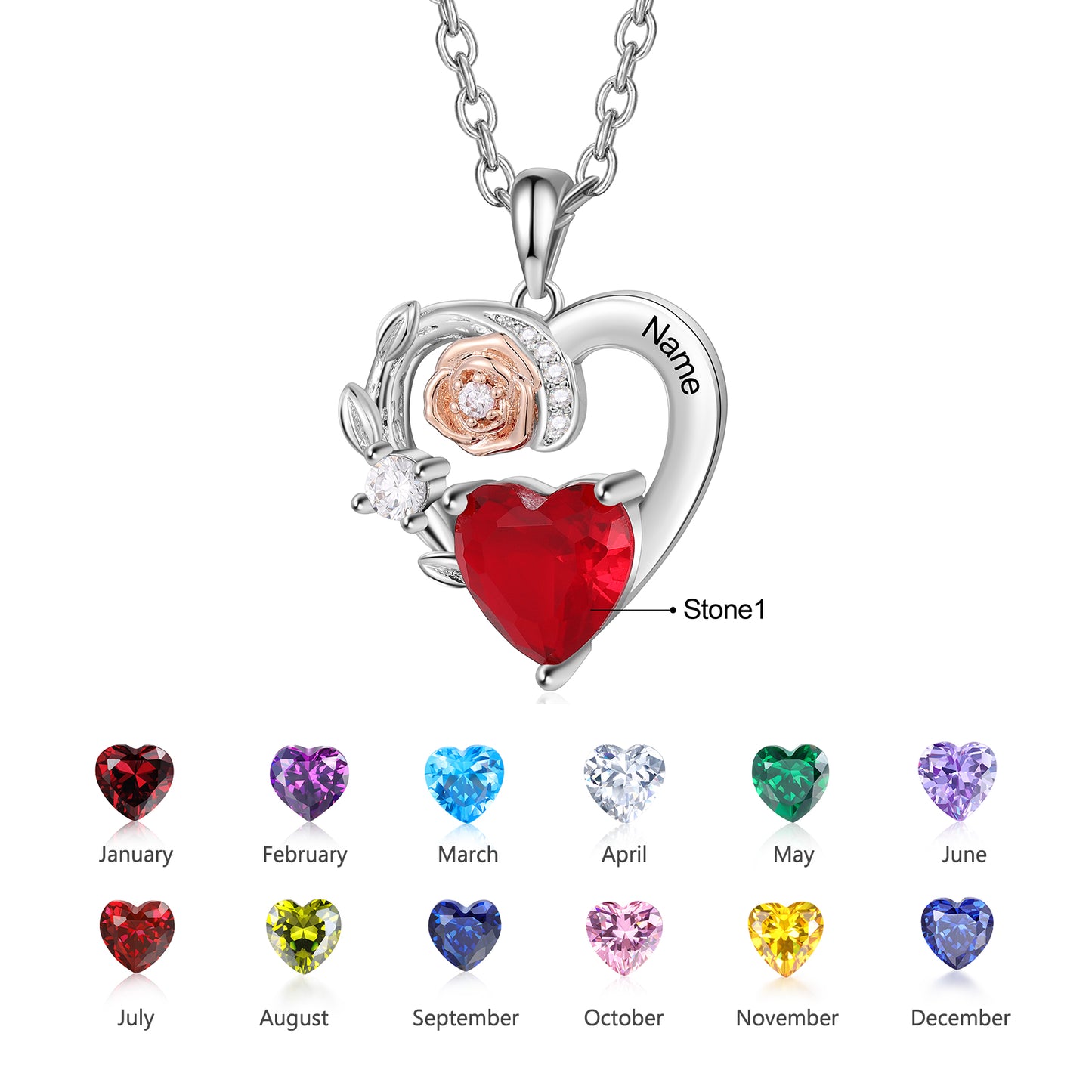 Custom Name Heart With Rose Flower Necklace