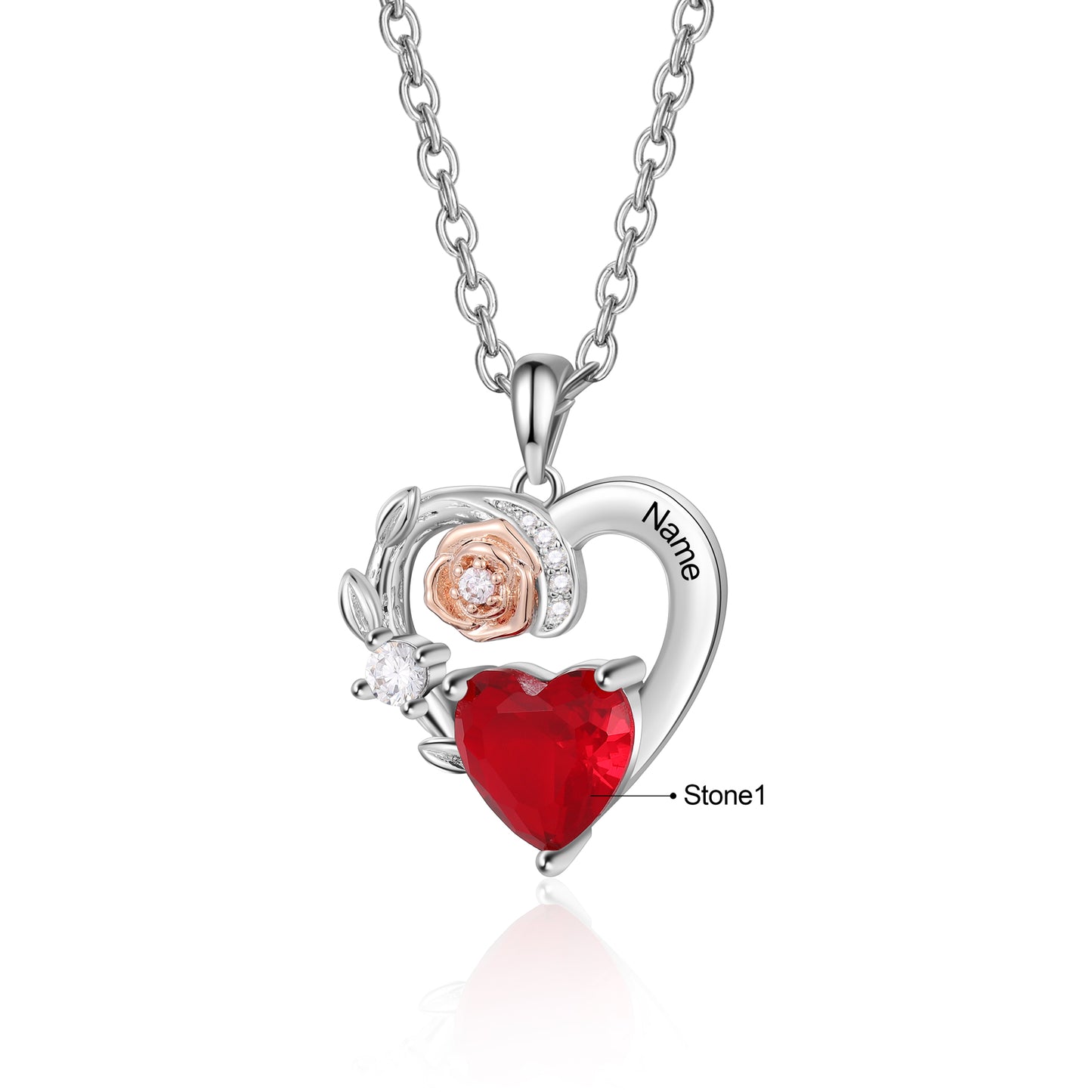 Custom Name Heart With Rose Flower Necklace