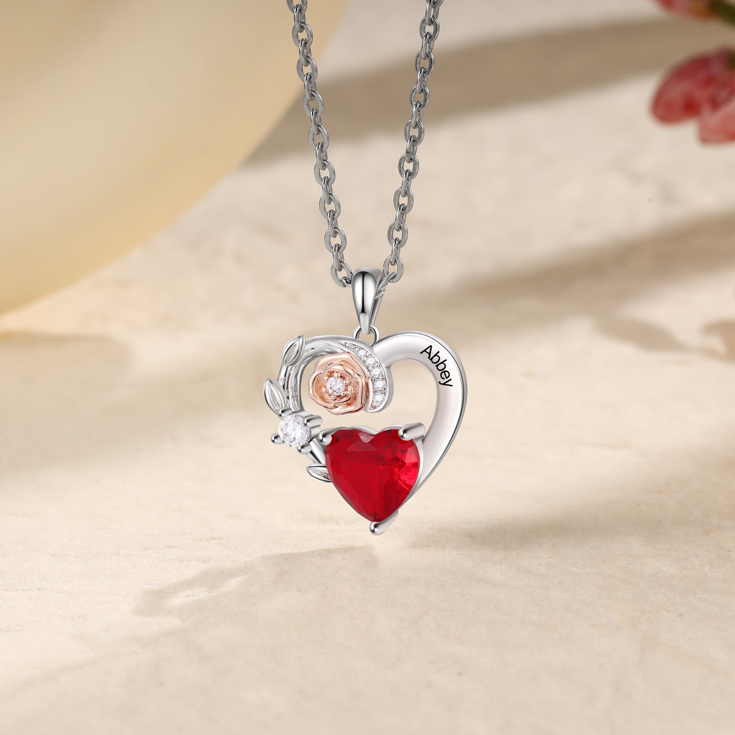 Custom Name Heart With Rose Flower Necklace