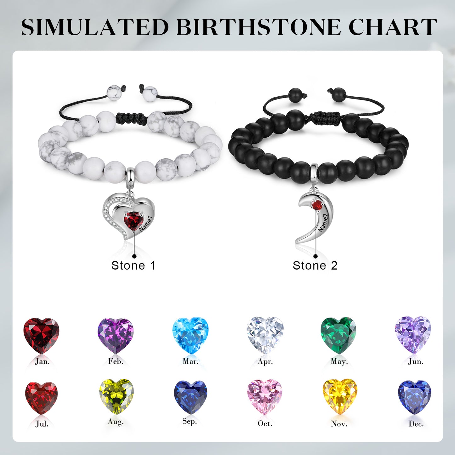 Custom Birthstone Name Moon Heart Bracelet