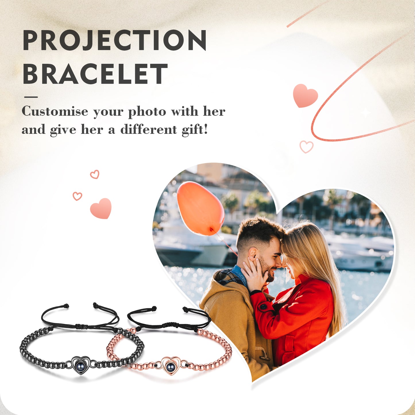 Custom Projection Heart Shaped Couple Bracelet