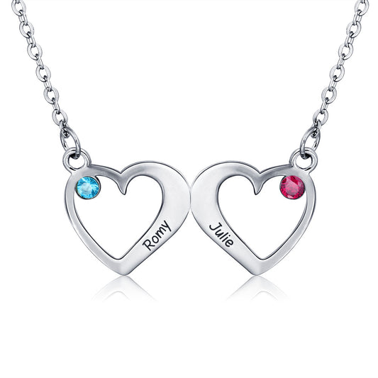 925 Silver Cubic Zircon Double Heart Shape Pendant Necklace with Personalized Names