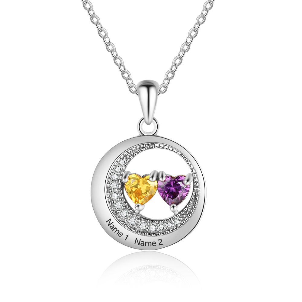 Custom Name Cubic Zirconia Moon Shape Pendant Necklace with Two Birthstones