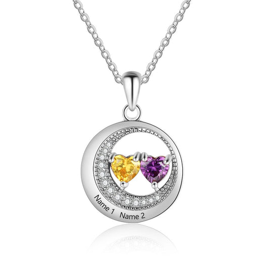 Custom Name Cubic Zirconia Moon Shape Pendant Necklace with Two Birthstones