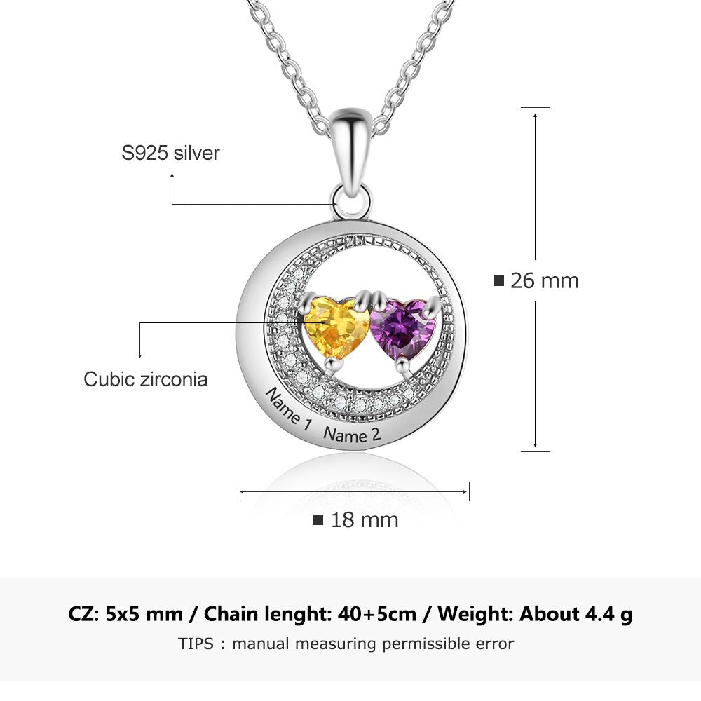 Custom Name Cubic Zirconia Moon Shape Pendant Necklace with Two Birthstones