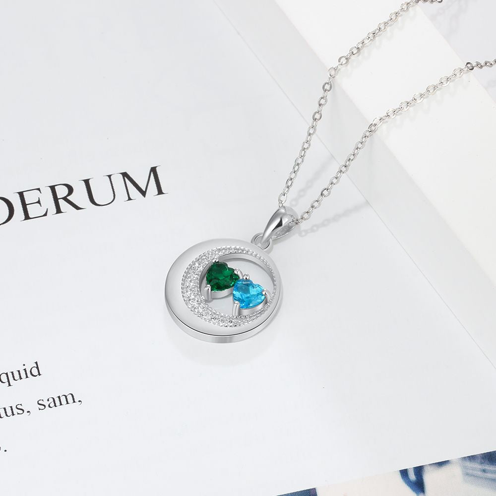 Custom Name Cubic Zirconia Moon Shape Pendant Necklace with Two Birthstones