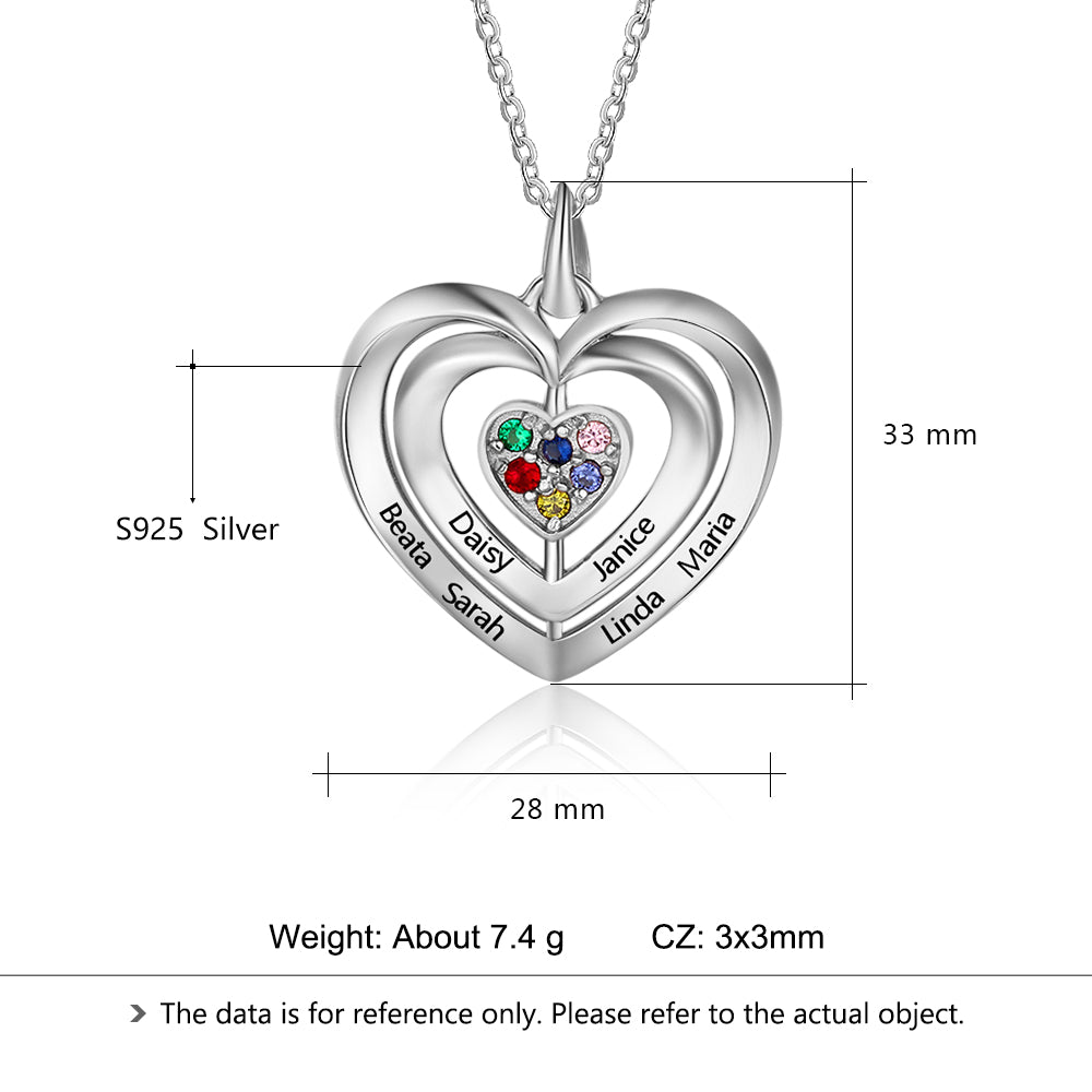 925 Sterling Silver Heart Shape Names Necklaces with Six Colorful Birthstones