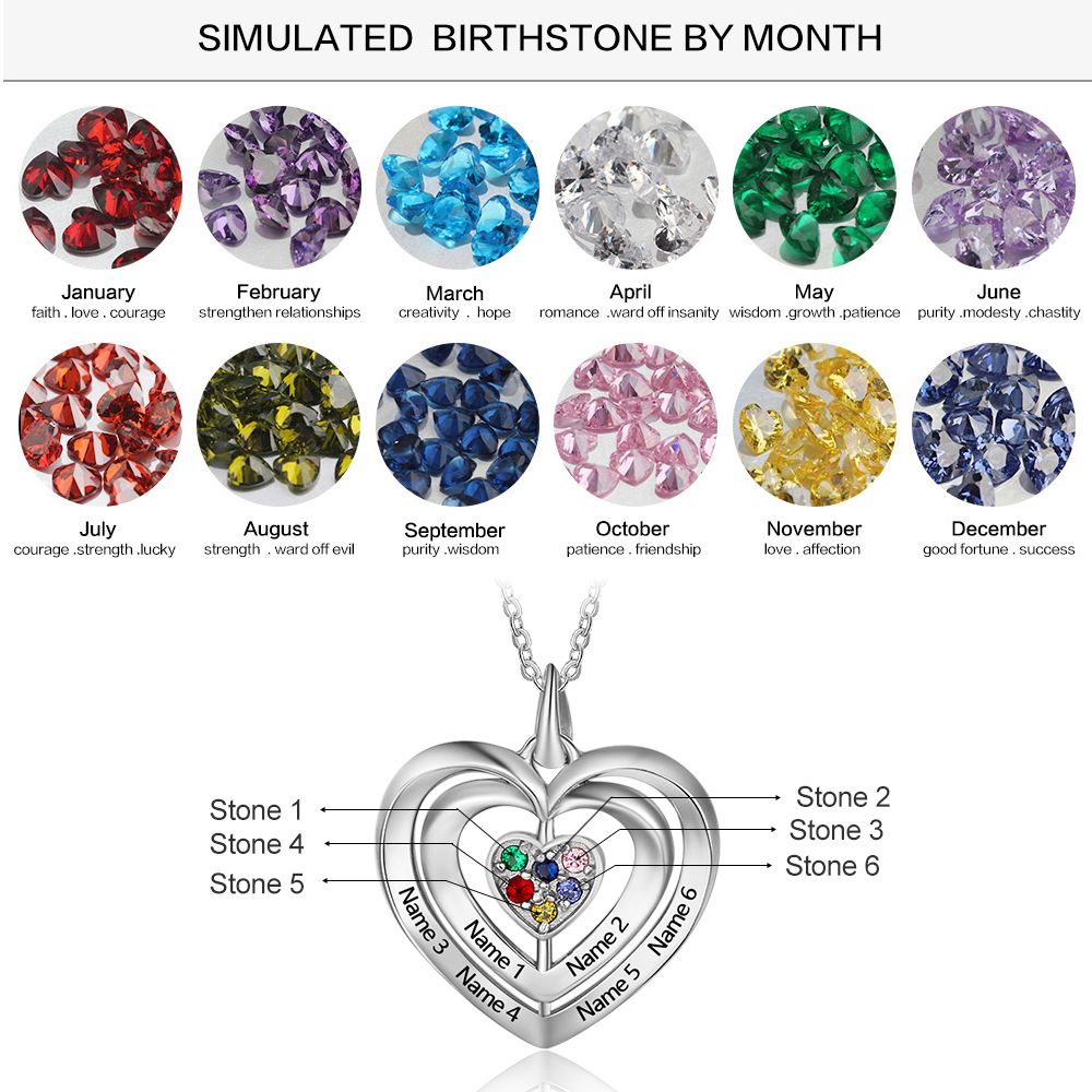 925 Sterling Silver Heart Shape Names Necklaces with Six Colorful Birthstones