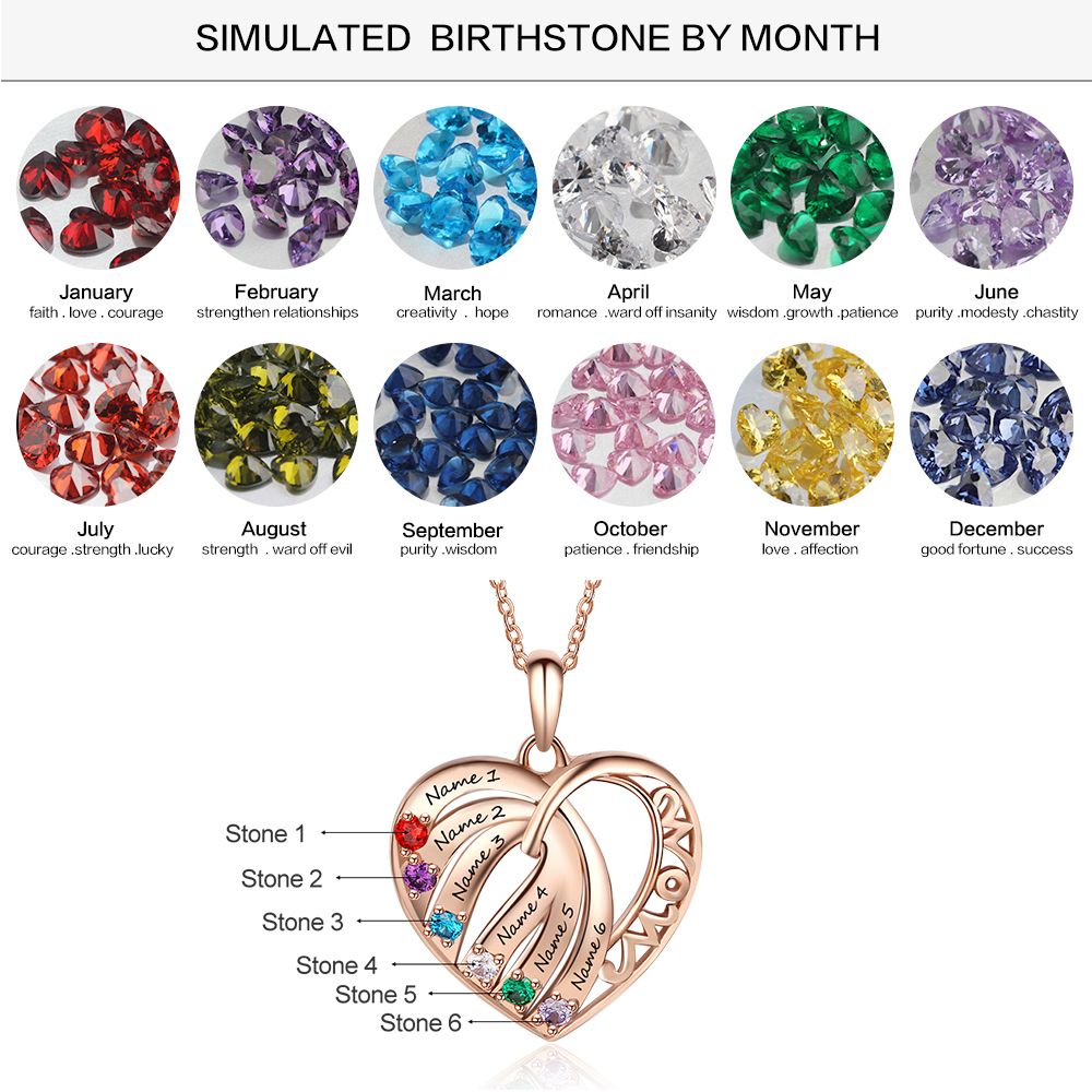 S925 Custom Names Six Colorful Birthstones Heart Shape Pendant Necklace