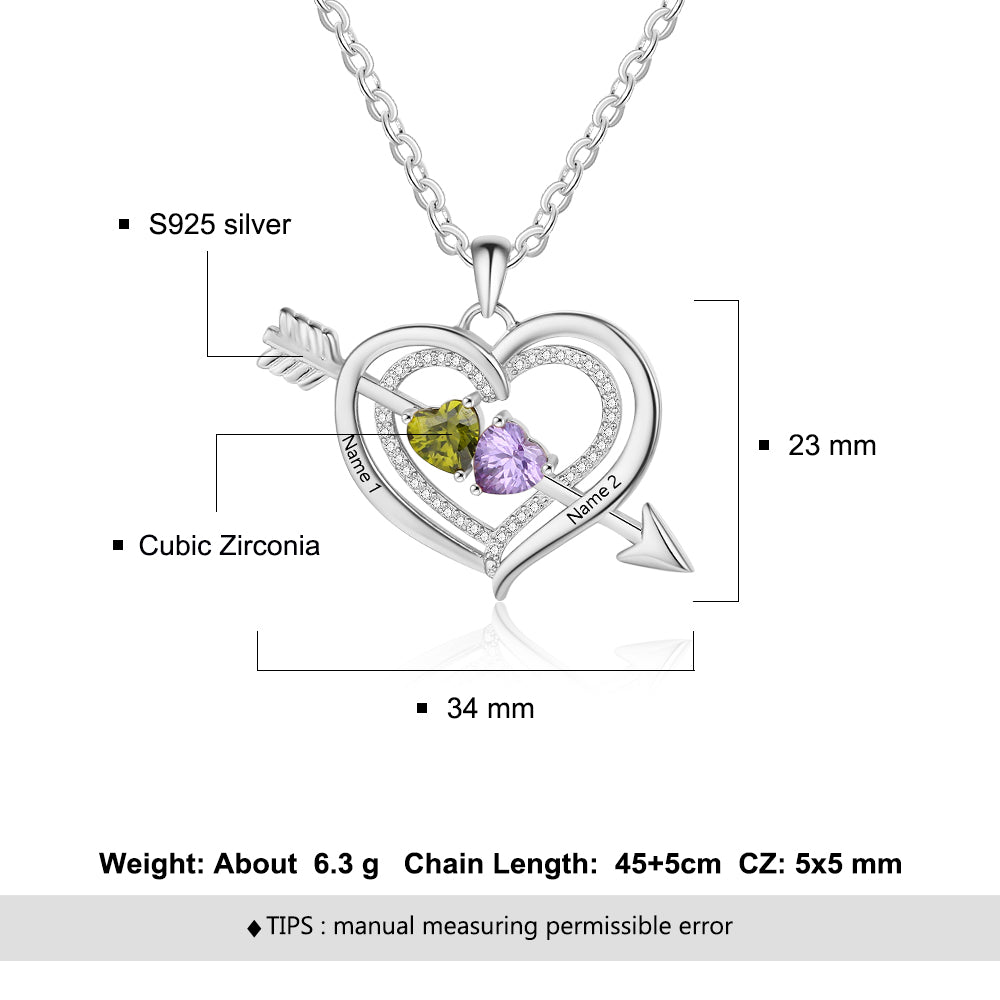 925 Silver Personalized Names Arrow and Heart Shape Necklace with Heart Shape Birthstones