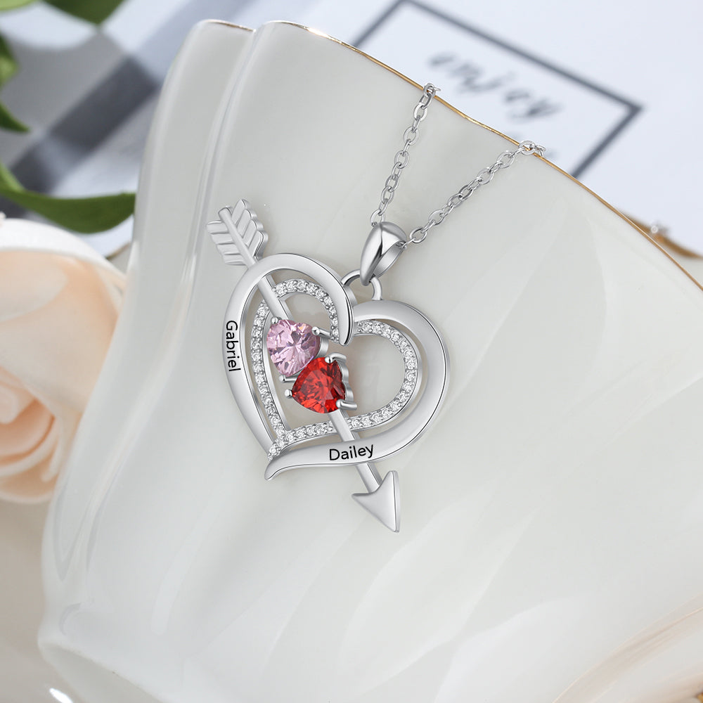 925 Silver Personalized Names Arrow and Heart Shape Necklace with Heart Shape Birthstones