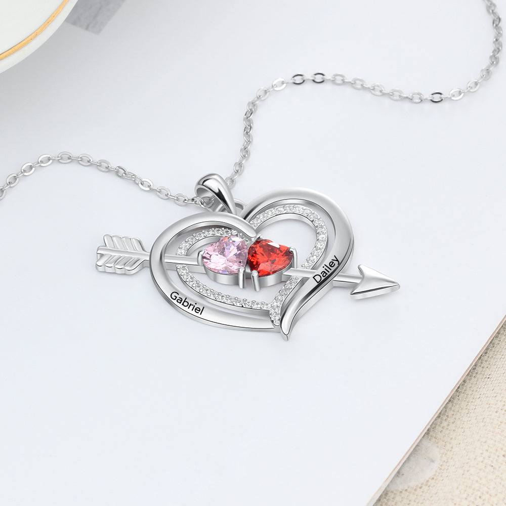 925 Silver Personalized Names Arrow and Heart Shape Necklace with Heart Shape Birthstones