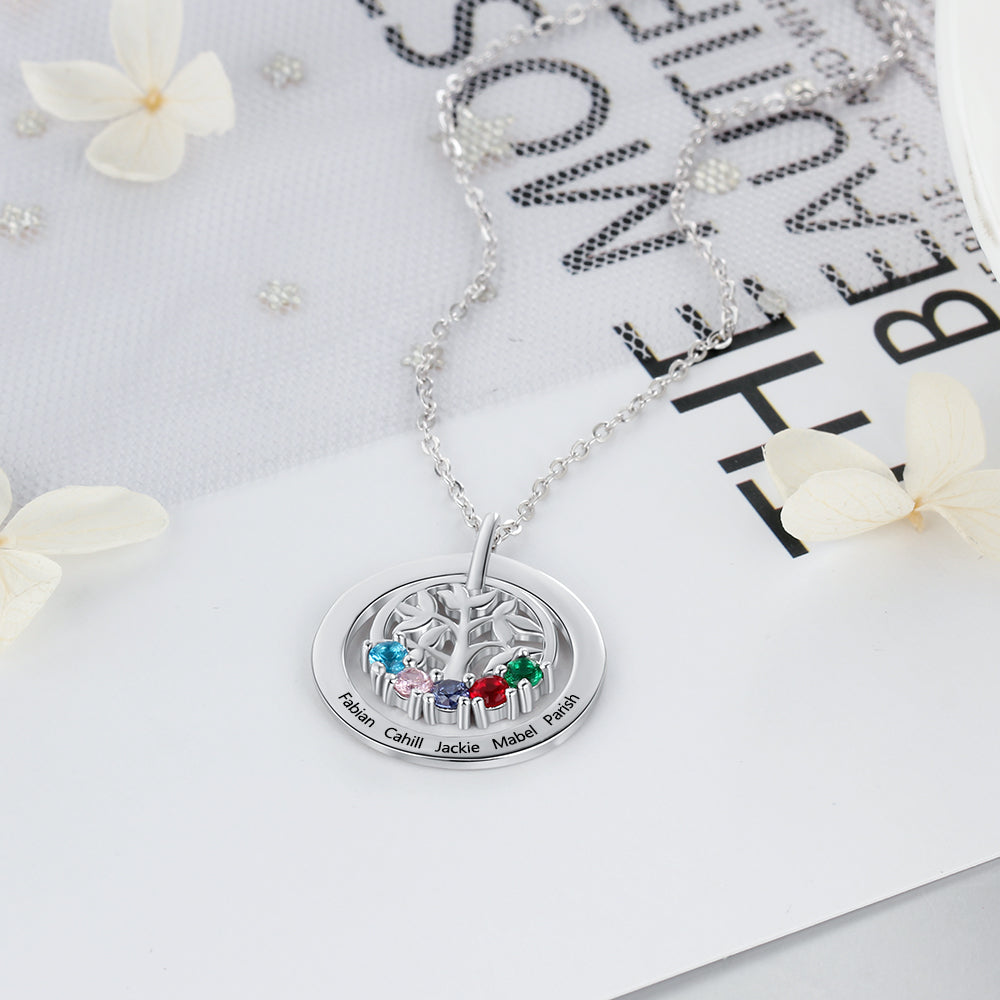 Engraved Name Family Tree Pendant Necklace with Five Birthstones