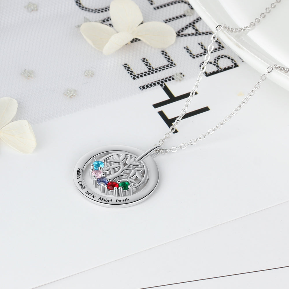 Engraved Name Family Tree Pendant Necklace with Five Birthstones