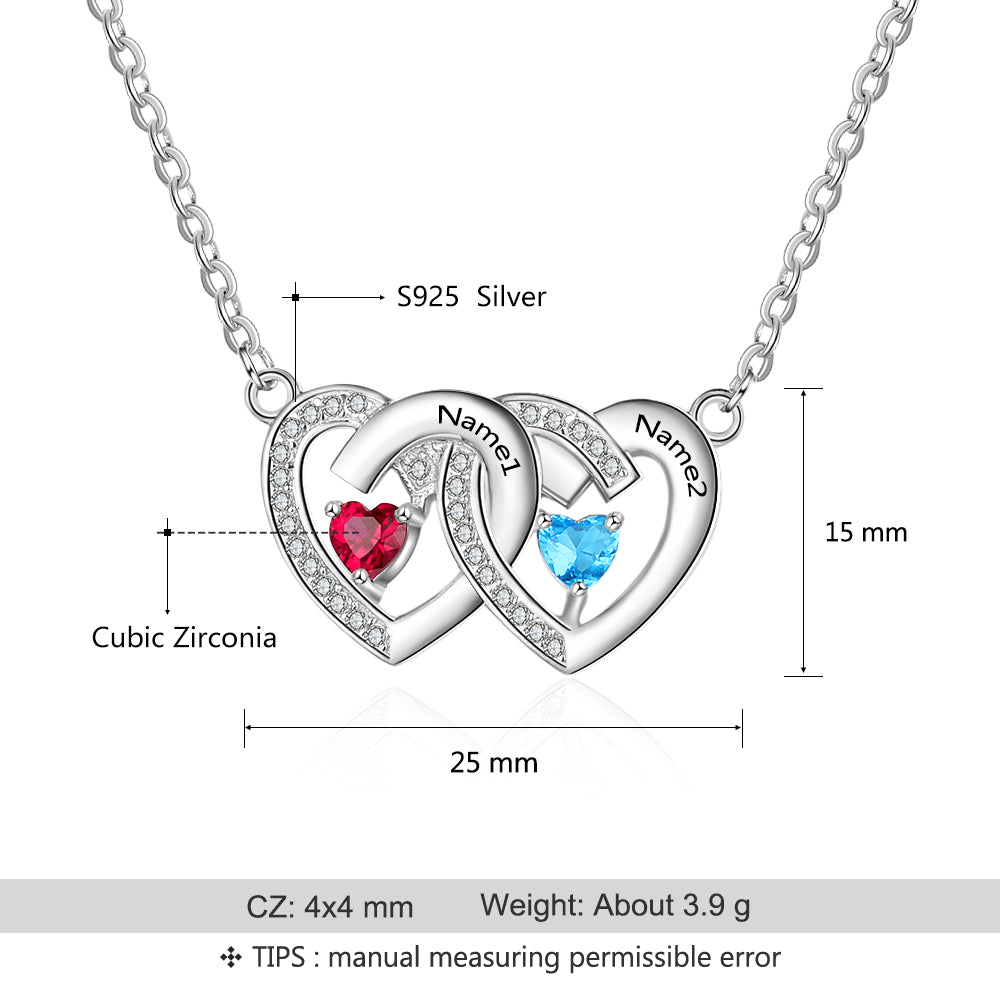 925 Sterling Silver Birthstones Two Hearts Shape Necklace