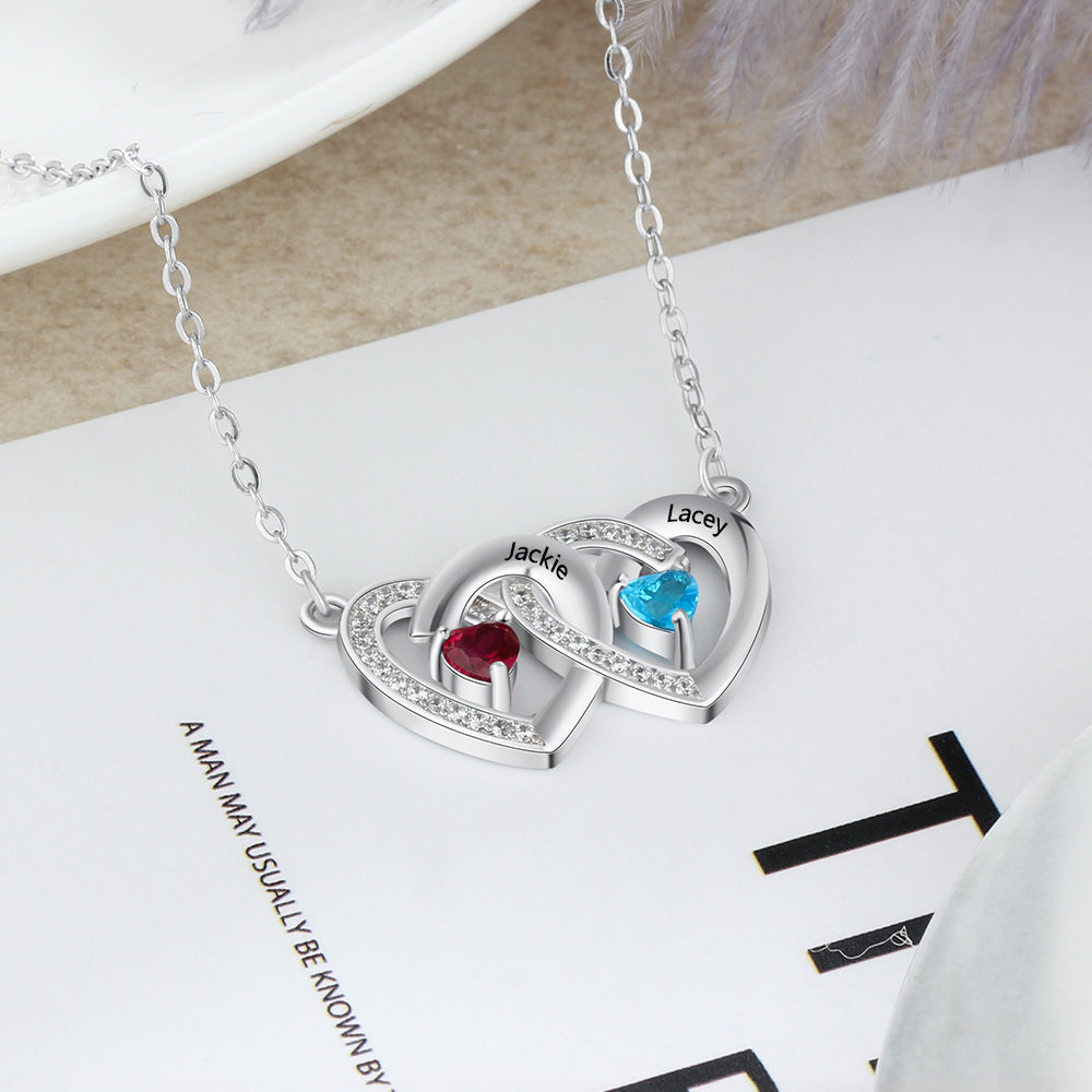 925 Sterling Silver Birthstones Two Hearts Shape Necklace