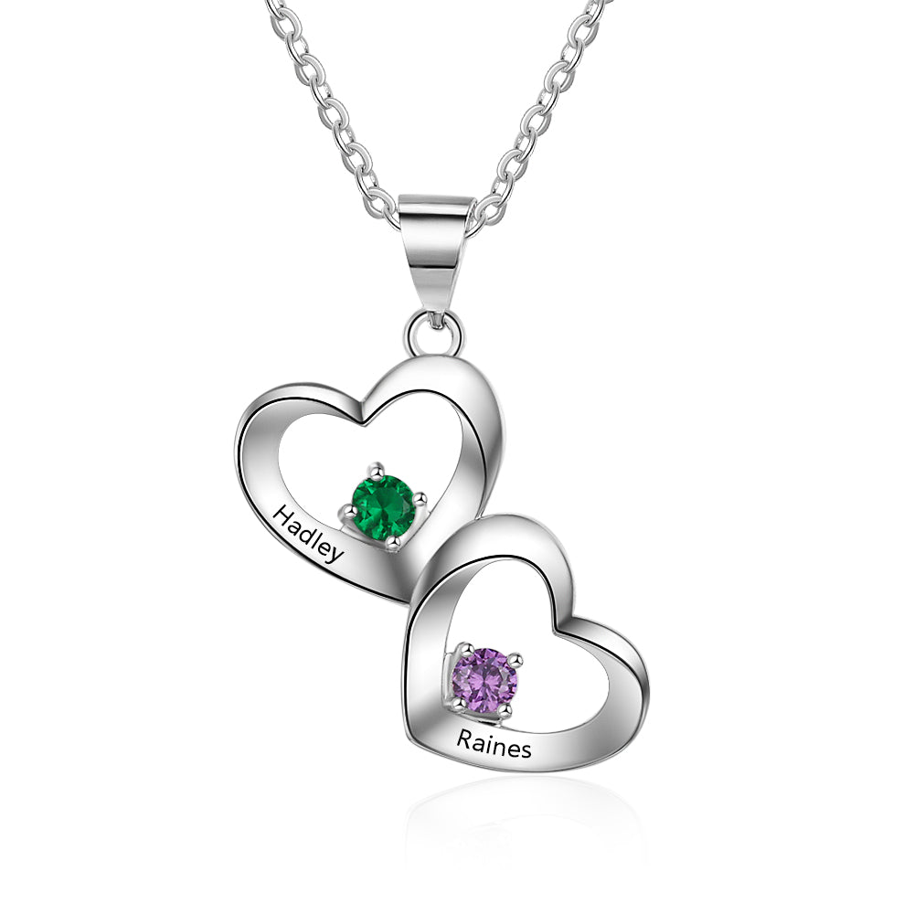 S925 Personalized Name Double Hearts Pendant Necklace with Two Birthstones